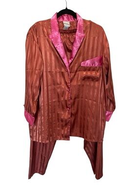 Suzanne Somers Copper-Striped Satin Pajama Set with Pink Trim Vintage Loungewear